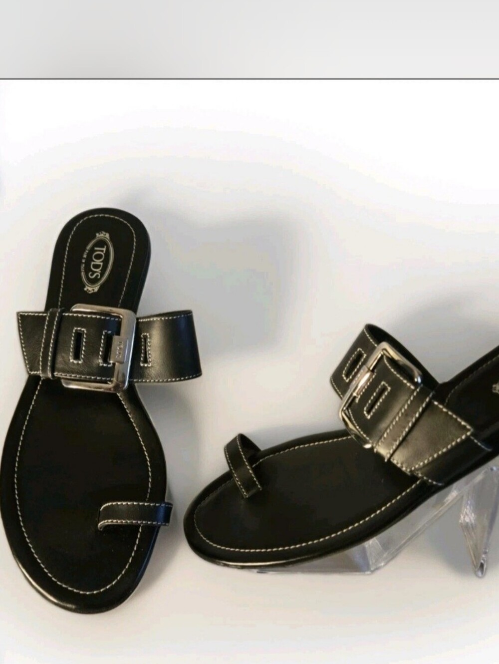 Tod's Black Leather Slide Sandals with Silver Buckle Accents Sz 41-EU - Picture 2 of 6